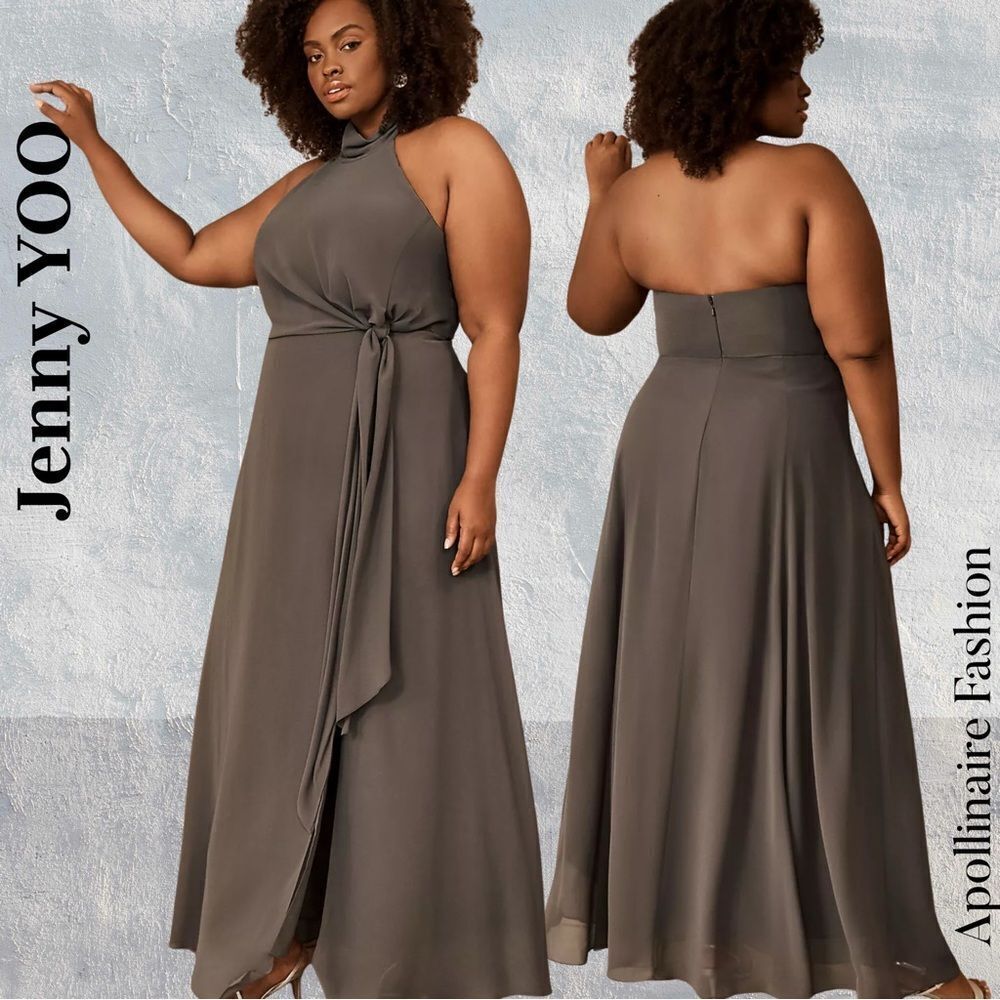 Jenny Yoo Elliya Mock Neck Halter Slit Gown in Grey NWT Size 24 New